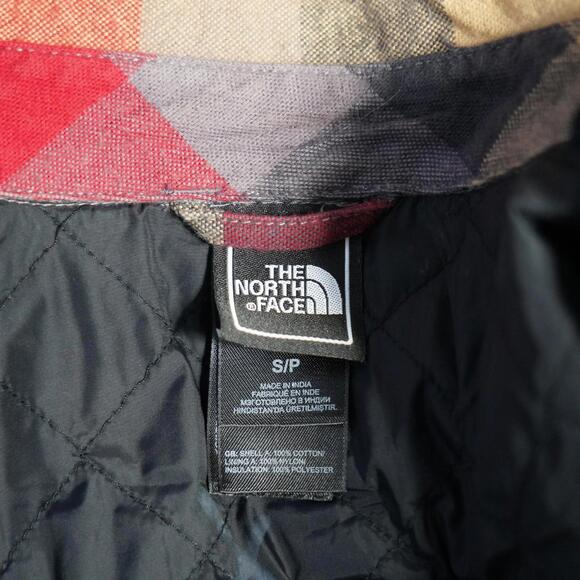 The North Face Plaid Quilted lined Flannel Shirt Jacket S Red Gray Tan Snap - Picture 3 of 8